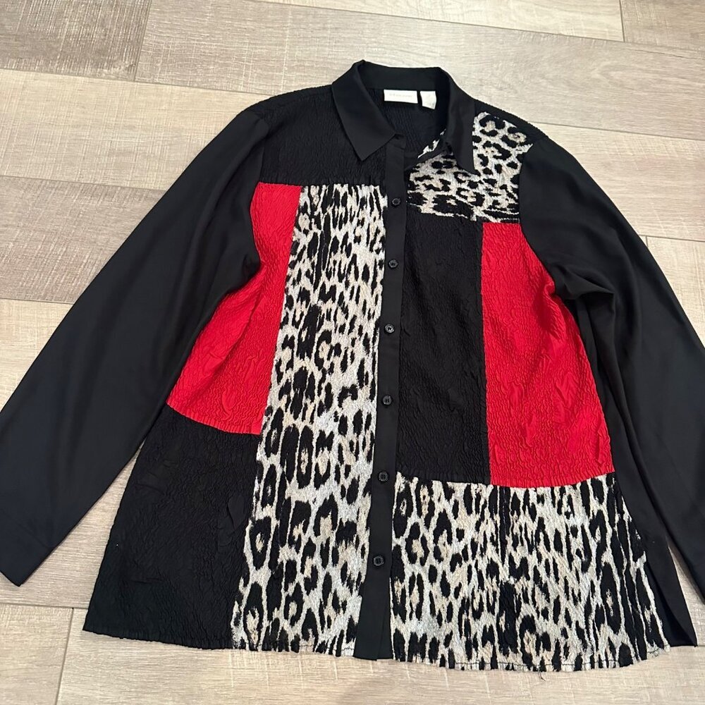 CHICO'S WOMENS BLACK AND RED LONG SLEEVE BLOUSE SIZE 2 US 12